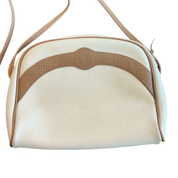 Vintage CHRISTIAN DIOR Saddle Bag Beige Canvas Leather Shoulder Crossbody Bag - Picture 3 of 15